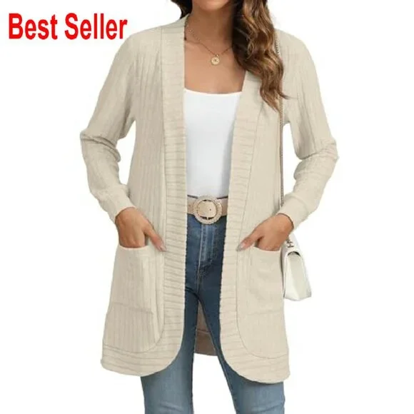 Long Sleeve Open Front Cardigan Lightweight Loose Knit Casual Chic Oversized - Picture 5 of 7